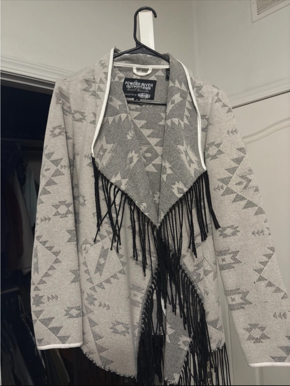 Gray Aztec Fringe Open Cardigan Sweater